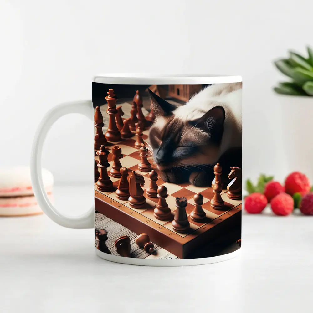 Siamese Cat Sleeping on Chess Board – Mugs