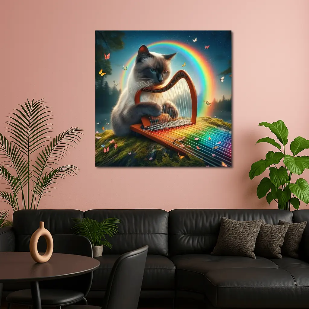Birman Cat Playing Harp Rainbow Fantasy – Wall Art