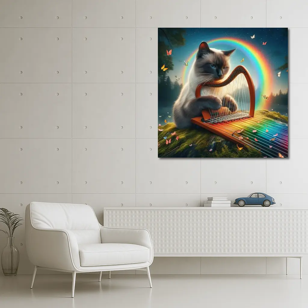 Birman Cat Playing Harp Rainbow Fantasy – Wall Art