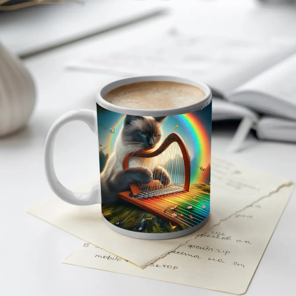 Birman Cat Playing Harp Rainbow Fantasy – Mugs