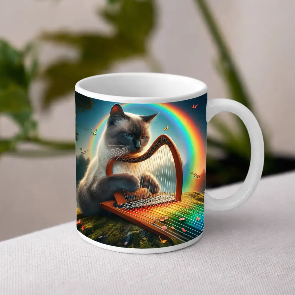 Birman Cat Playing Harp Rainbow Fantasy – Mugs
