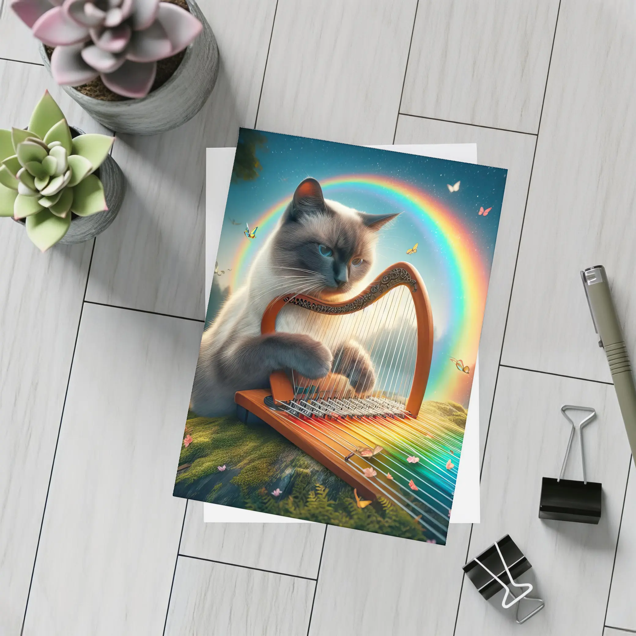 Birman Cat Playing Harp Rainbow Fantasy – Postcards