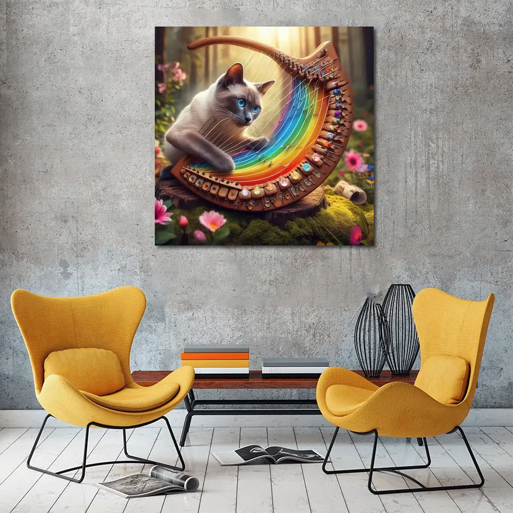 Siamese Cat Rainbow Harp Forest Setting – Wall Art