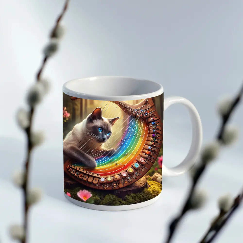 Siamese Cat Rainbow Harp Forest Setting – Mugs
