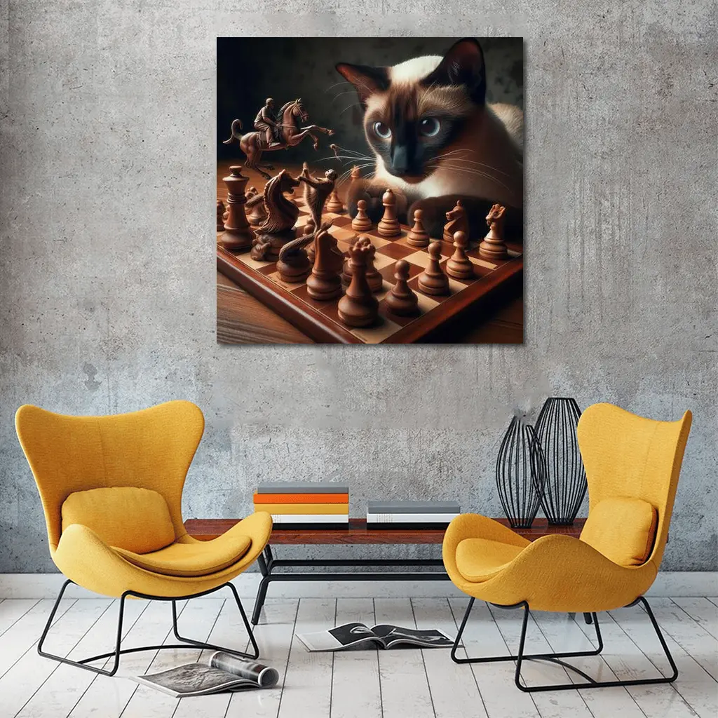 Siamese Cat Playing Chess Board Game – Wall Art