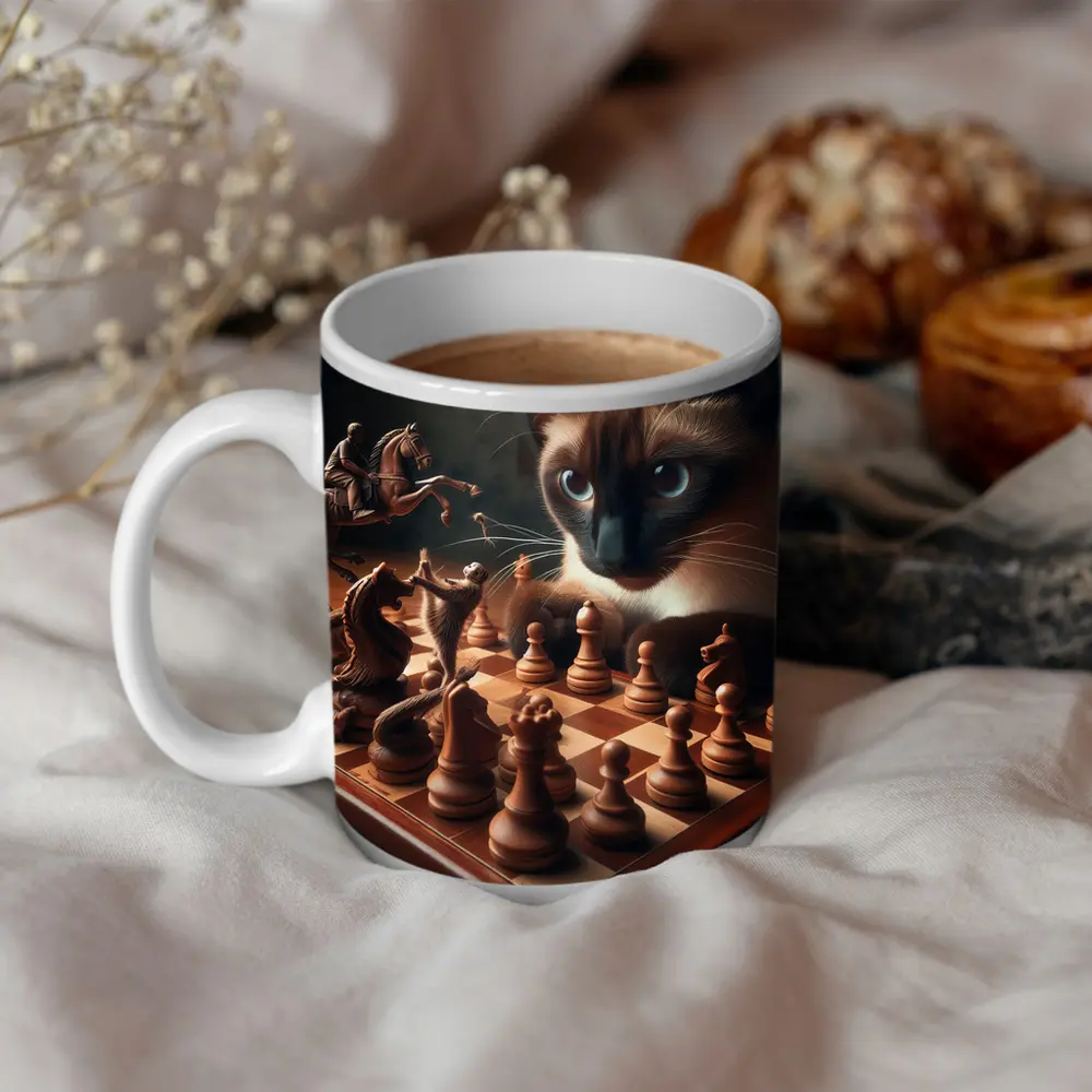 Siamese Cat Playing Chess Board Game – Mugs