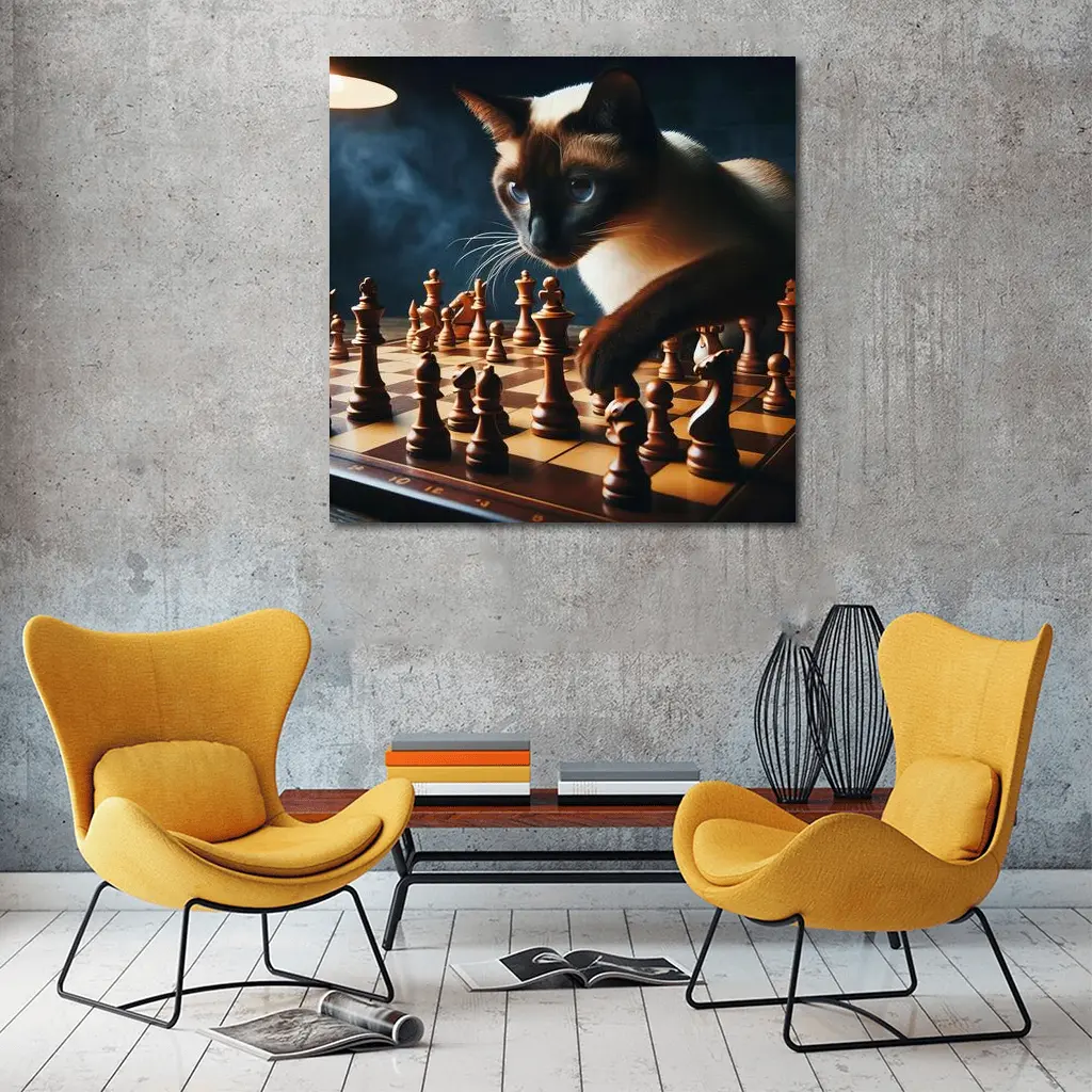 Siamese Cat Studying Chess Board Game – Wall Art
