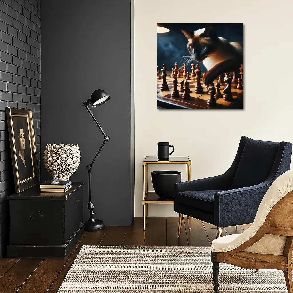 Siamese Cat Studying Chess Board Game – Wall Art