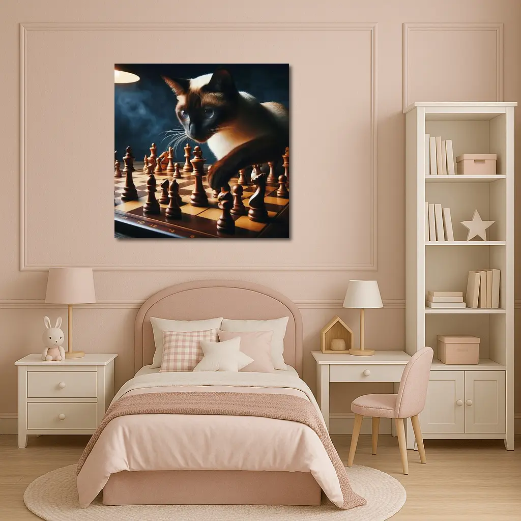 Siamese Cat Studying Chess Board Game – Wall Art