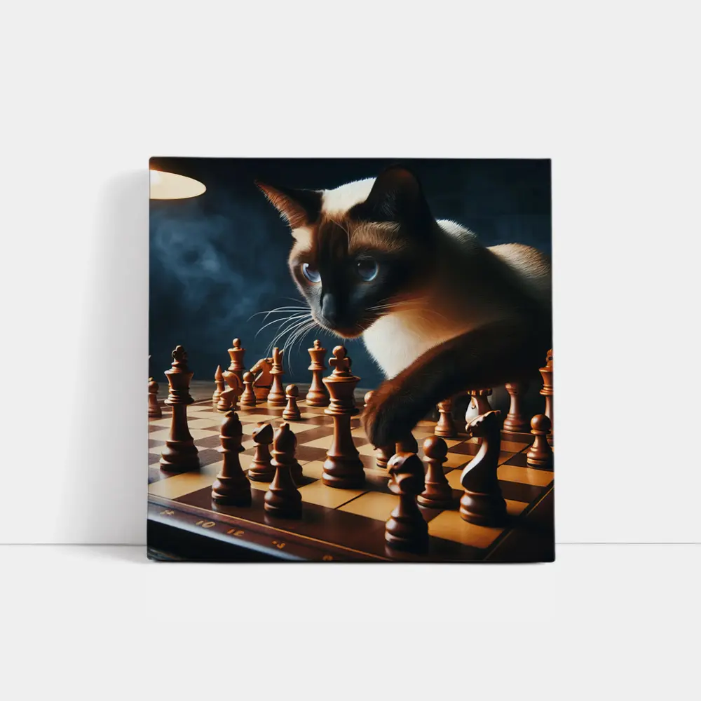 Siamese Cat Studying Chess Board Game – Wall Art
