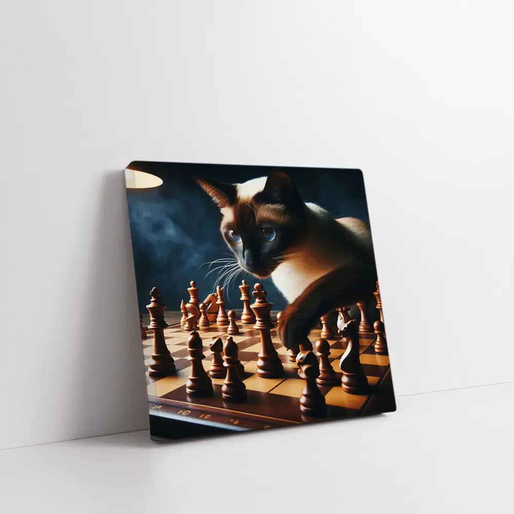 Siamese Cat Studying Chess Board Game – Wall Art