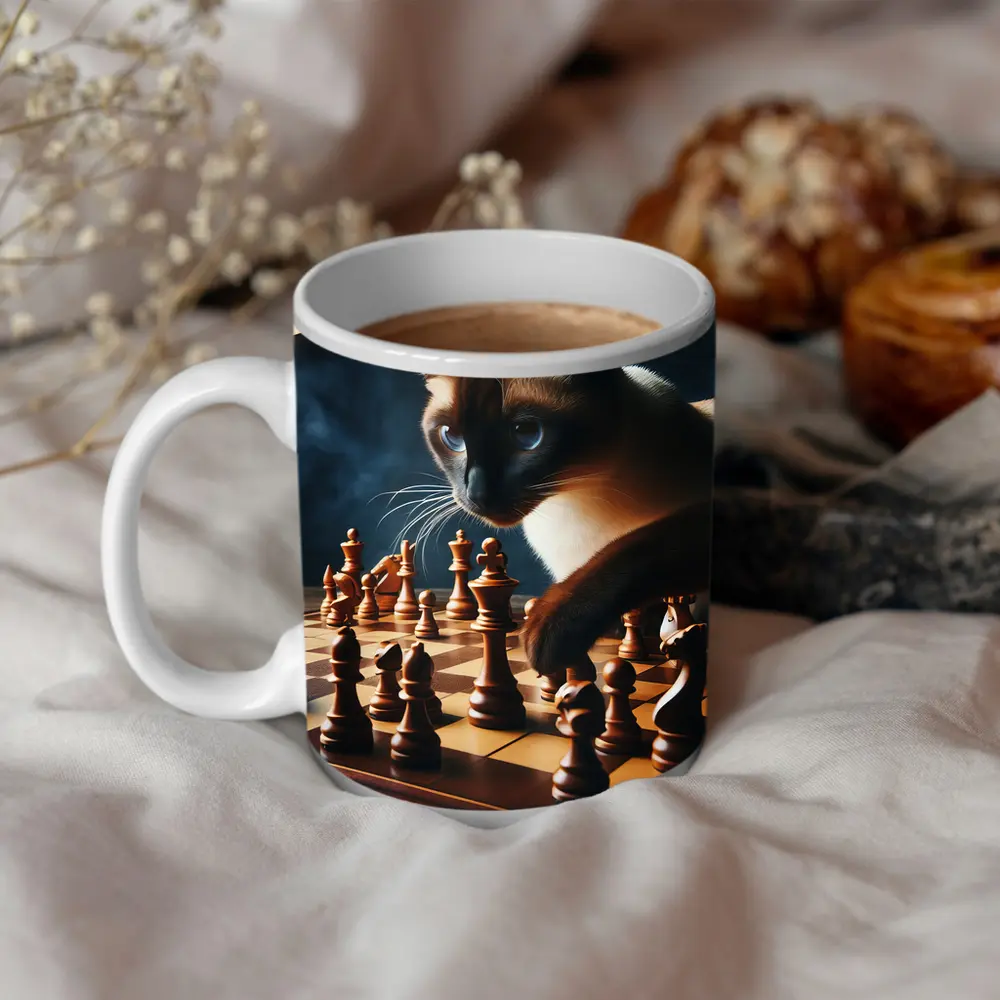 Siamese Cat Studying Chess Board Game – Mugs