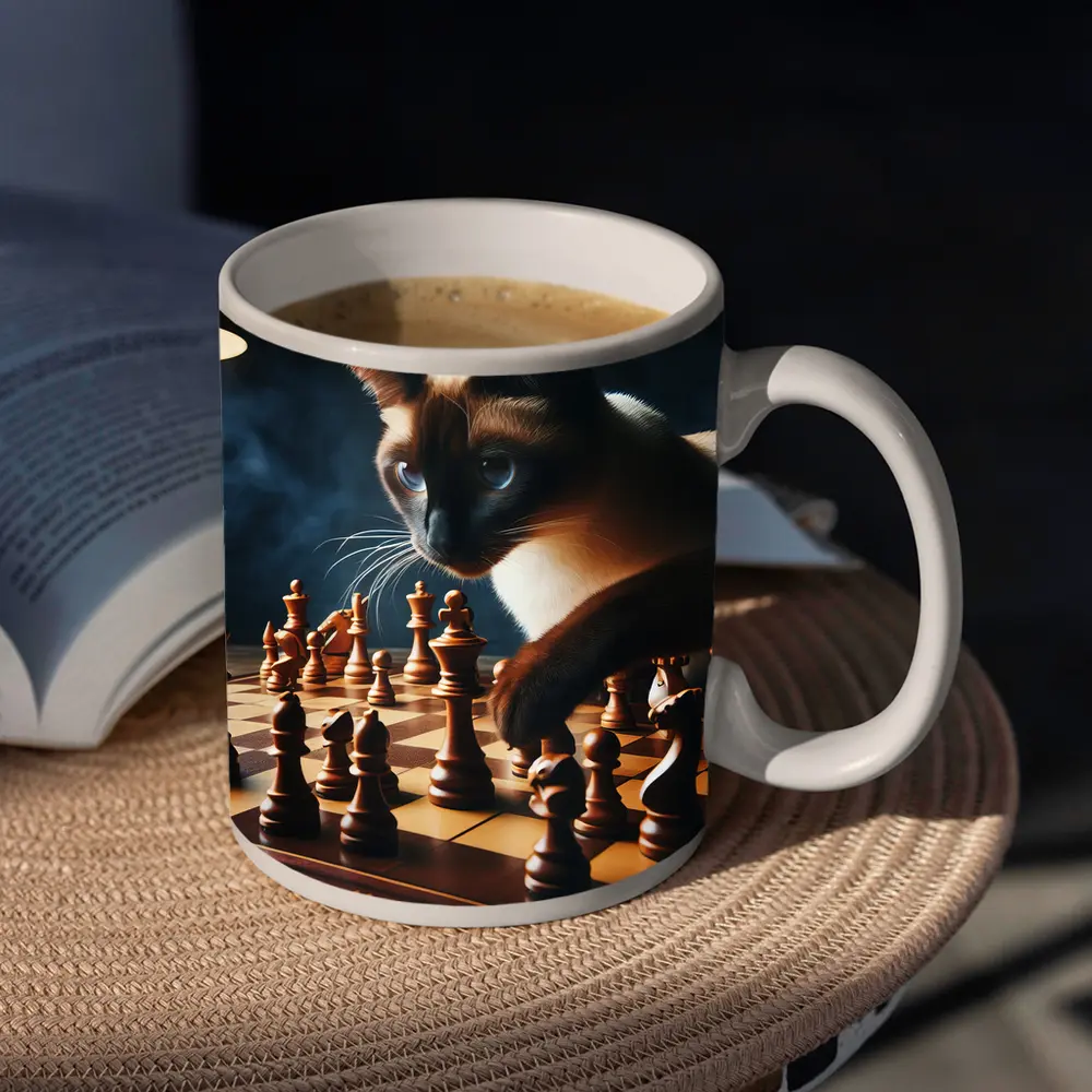 Siamese Cat Studying Chess Board Game – Mugs
