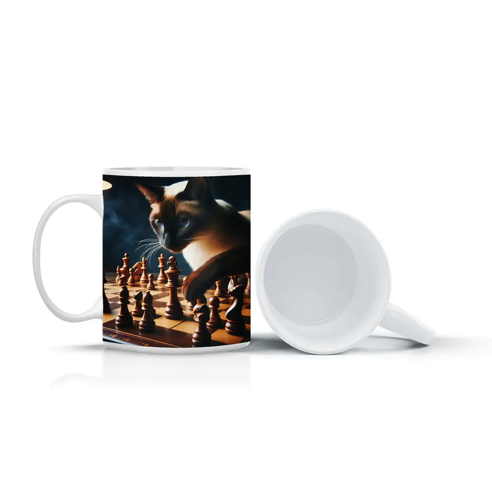 Siamese Cat Studying Chess Board Game – Mugs