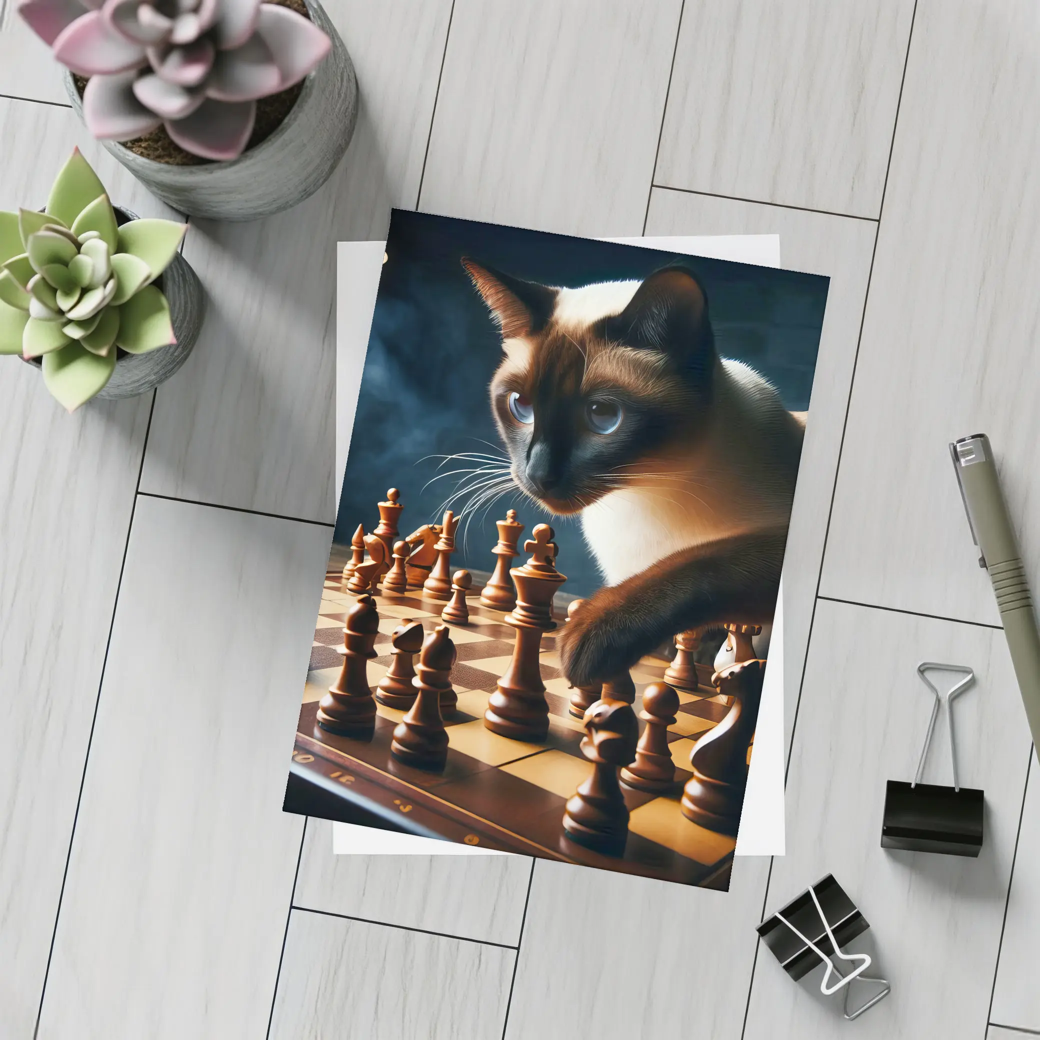 Siamese Cat Studying Chess Board Game – Postcards