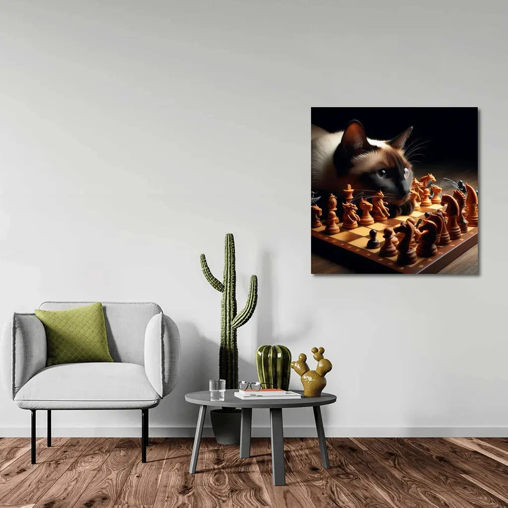 Siamese Cat Studying Chess Board Game – Wall Art