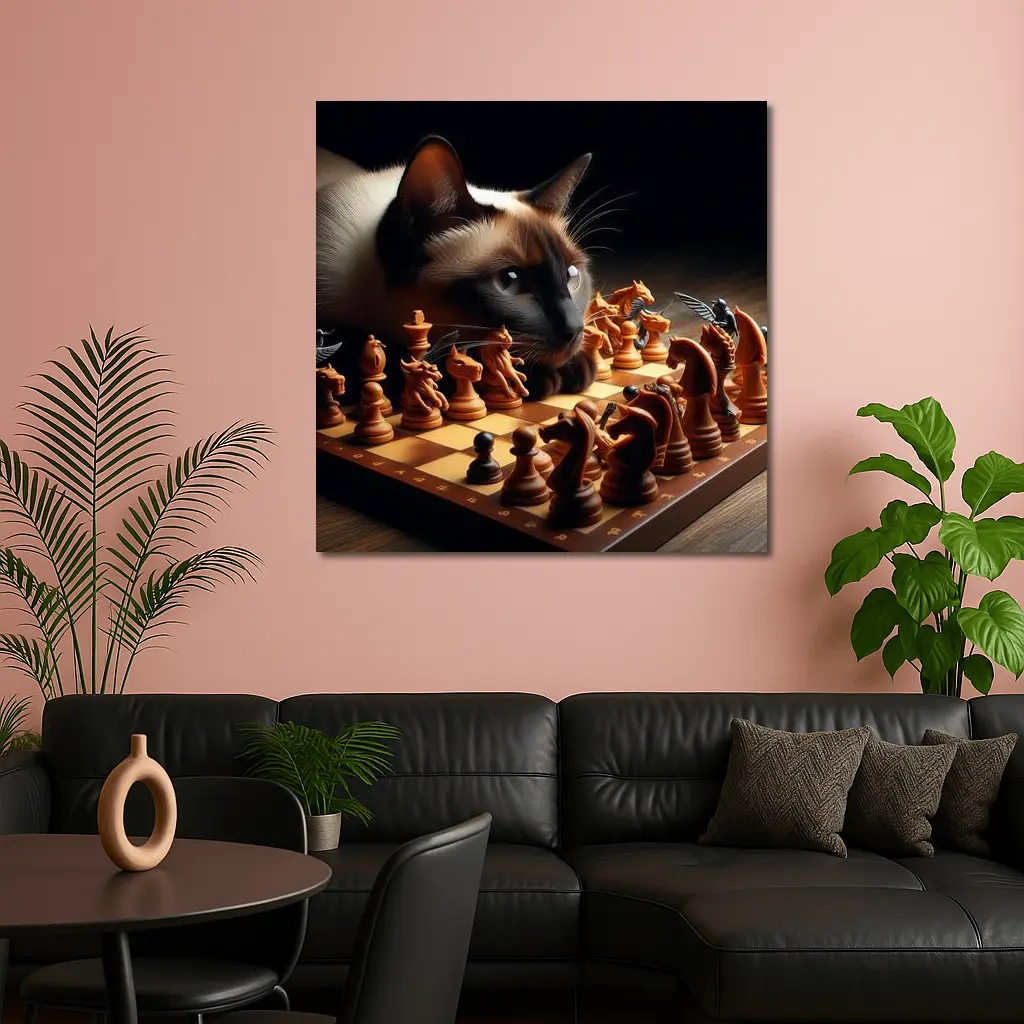 Siamese Cat Studying Chess Board Game – Wall Art