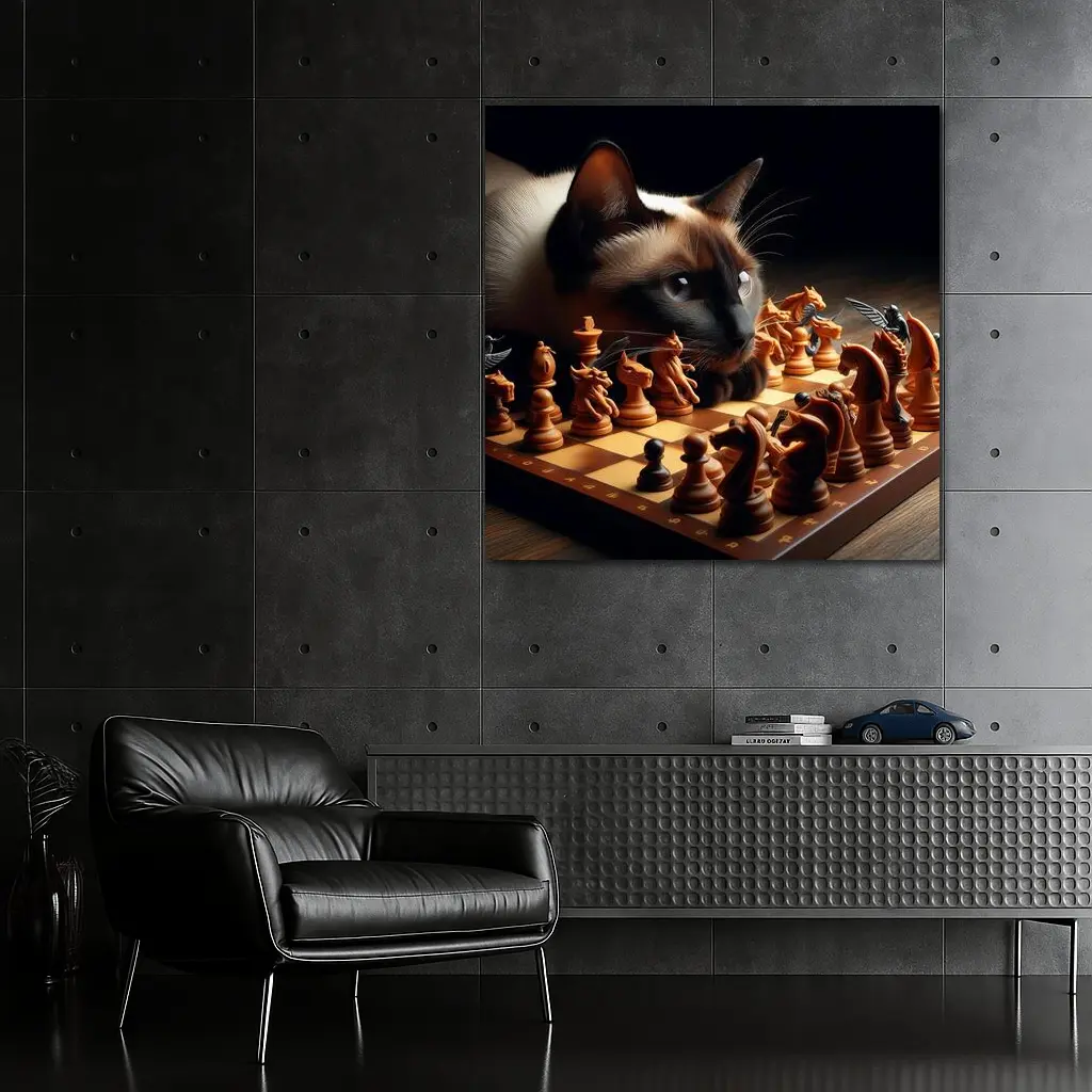 Siamese Cat Studying Chess Board Game – Wall Art