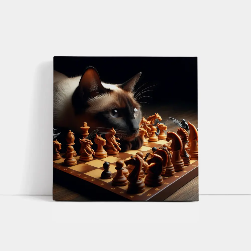 Siamese Cat Studying Chess Board Game – Wall Art