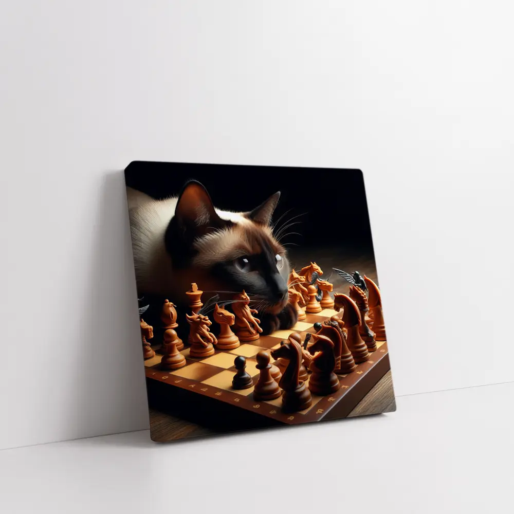 Siamese Cat Studying Chess Board Game – Wall Art
