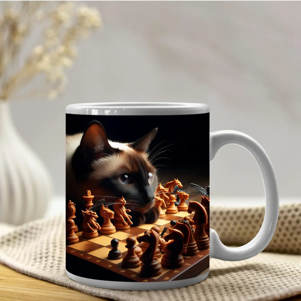 Siamese Cat Studying Chess Board Game – Mugs