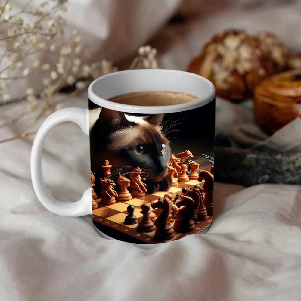 Siamese Cat Studying Chess Board Game – Mugs