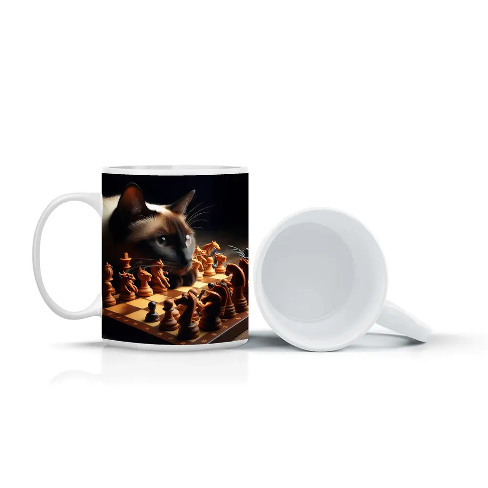 Siamese Cat Studying Chess Board Game – Mugs
