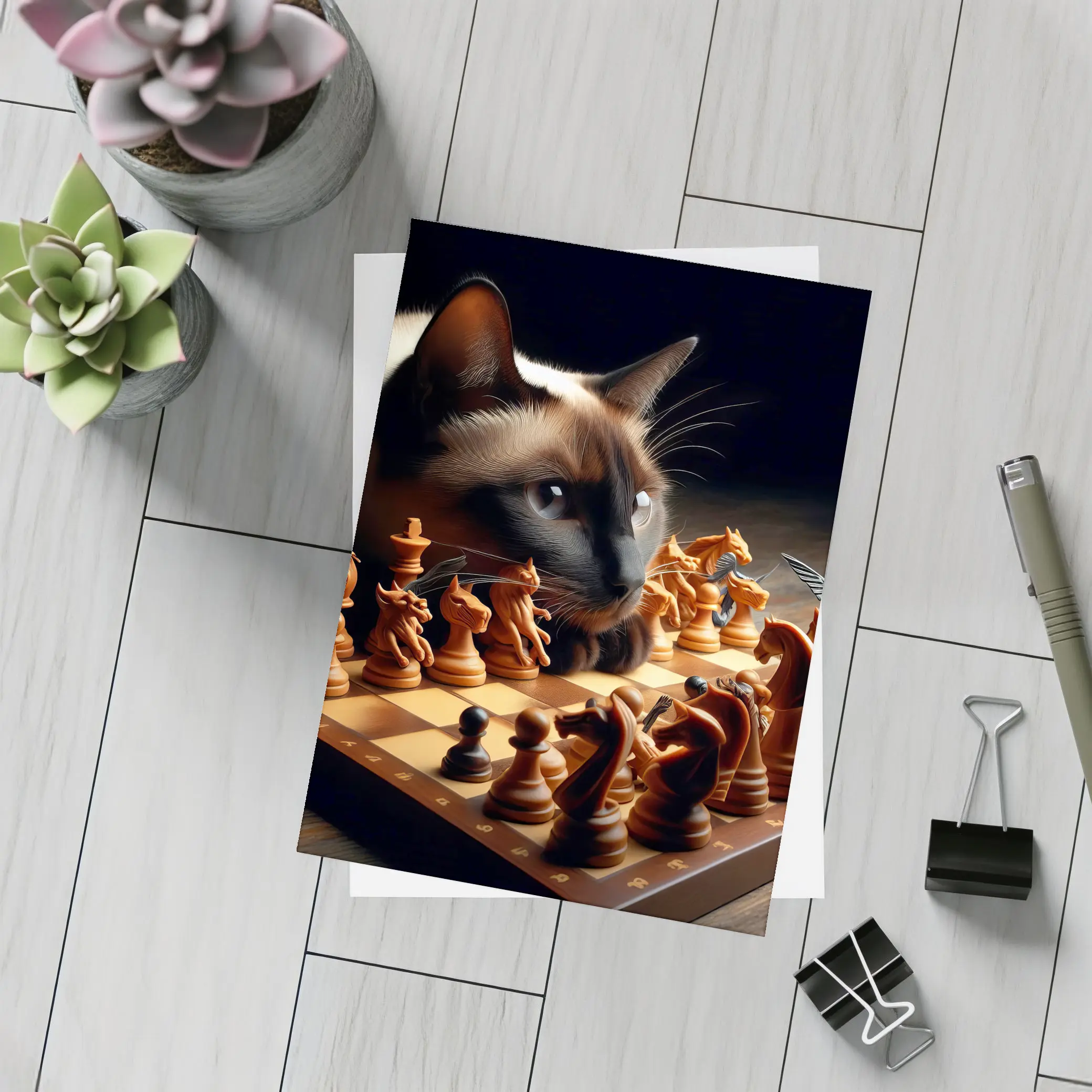 Siamese Cat Studying Chess Board Game – Postcards
