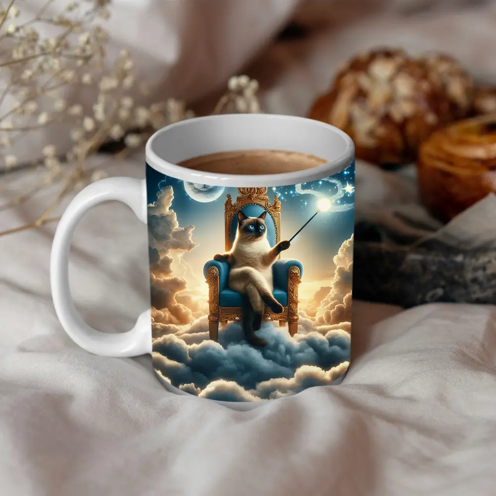 Siamese Cat Wizard Throne Above Clouds – Mugs