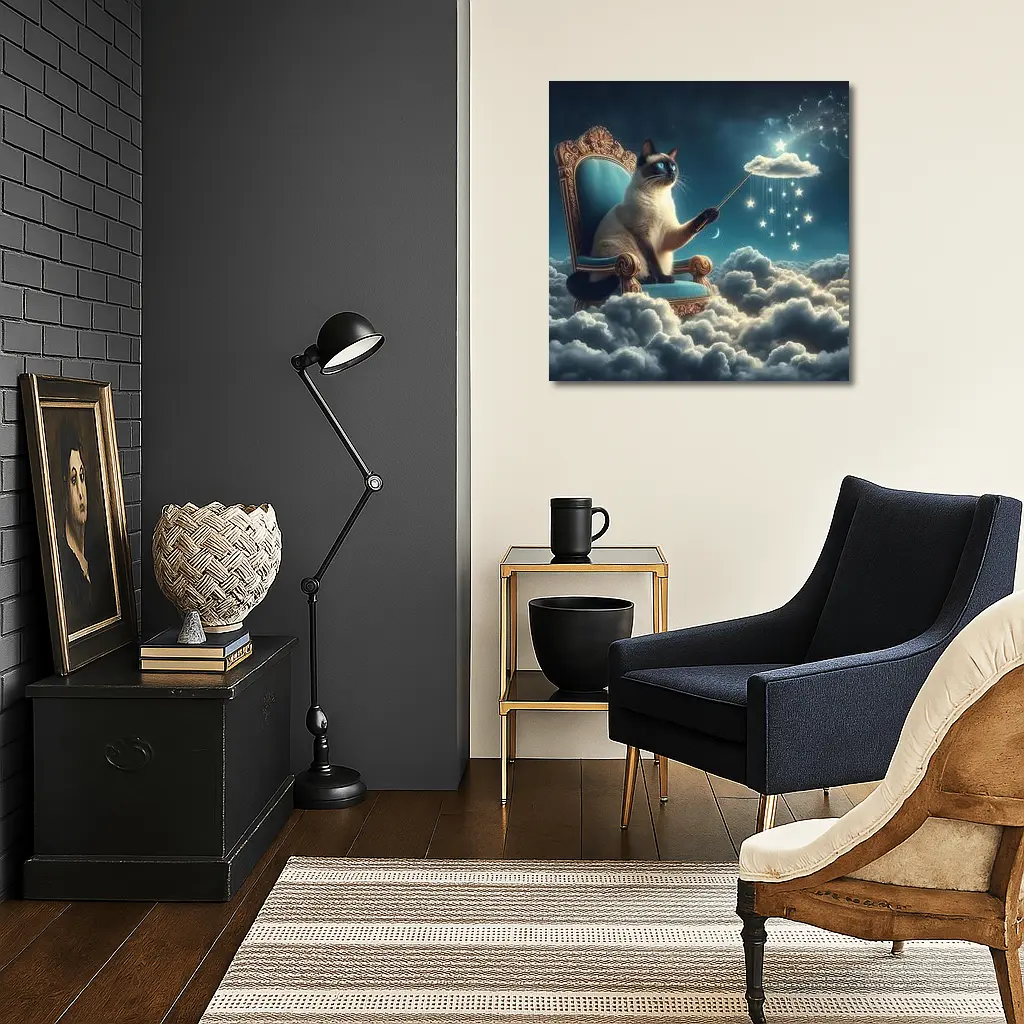 Siamese Cat Wizard Throne Cloudy Night Sky – Wall Art