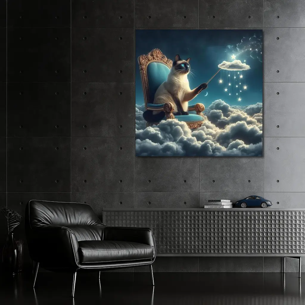 Siamese Cat Wizard Throne Cloudy Night Sky – Wall Art