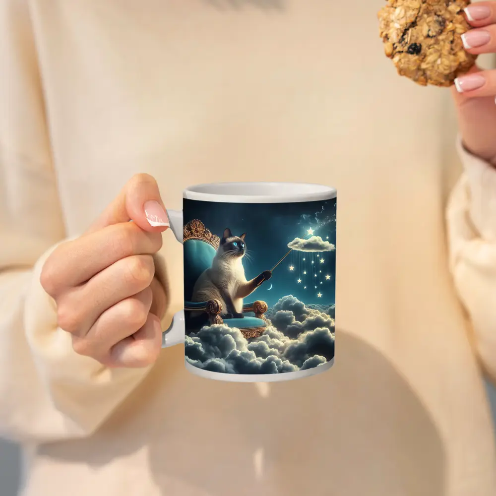 Siamese Cat Wizard Throne Cloudy Night Sky – Mugs