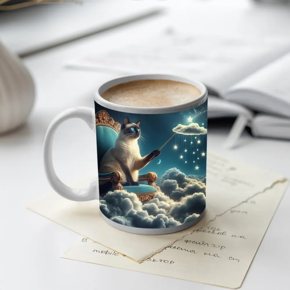 Siamese Cat Wizard Throne Cloudy Night Sky – Mugs