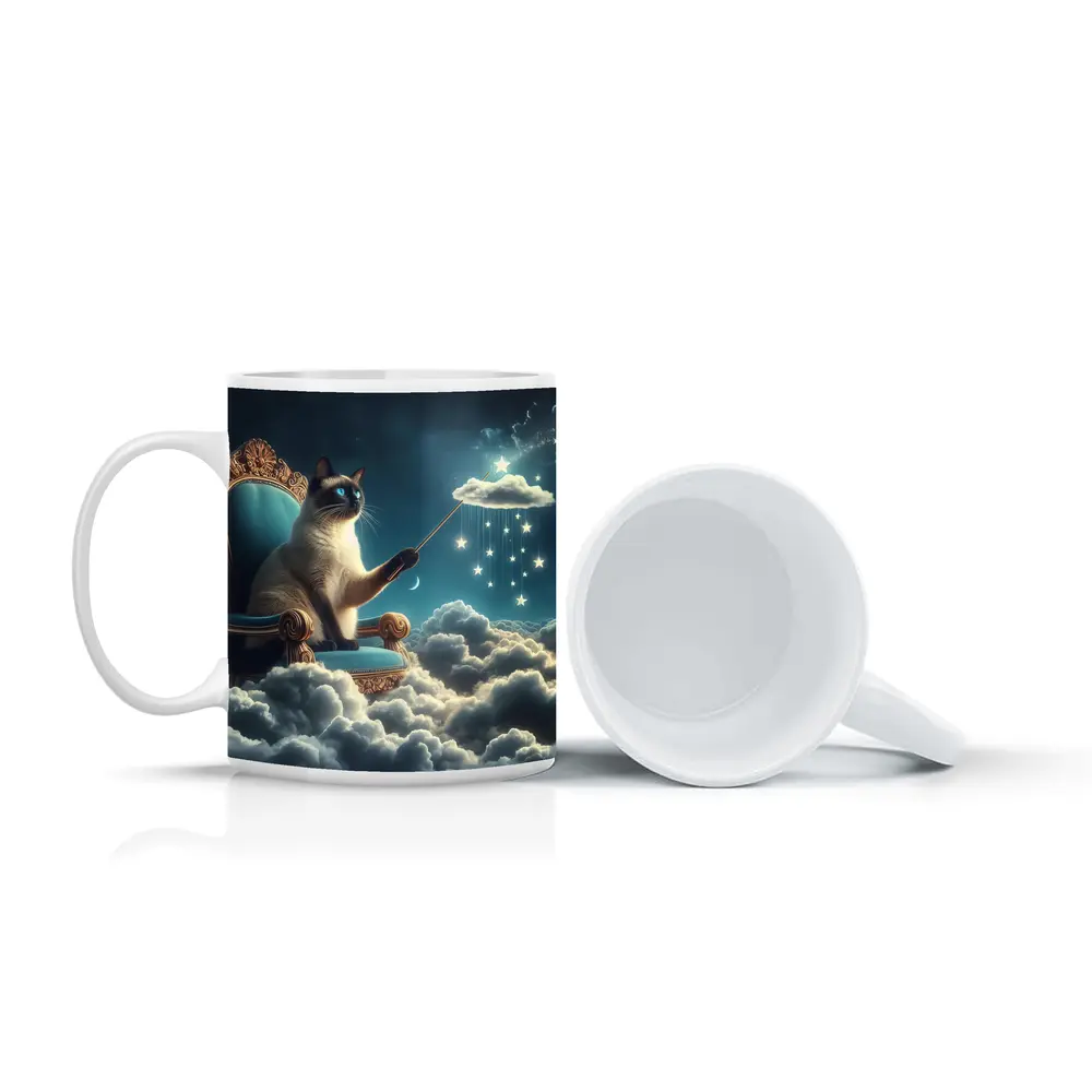 Siamese Cat Wizard Throne Cloudy Night Sky – Mugs