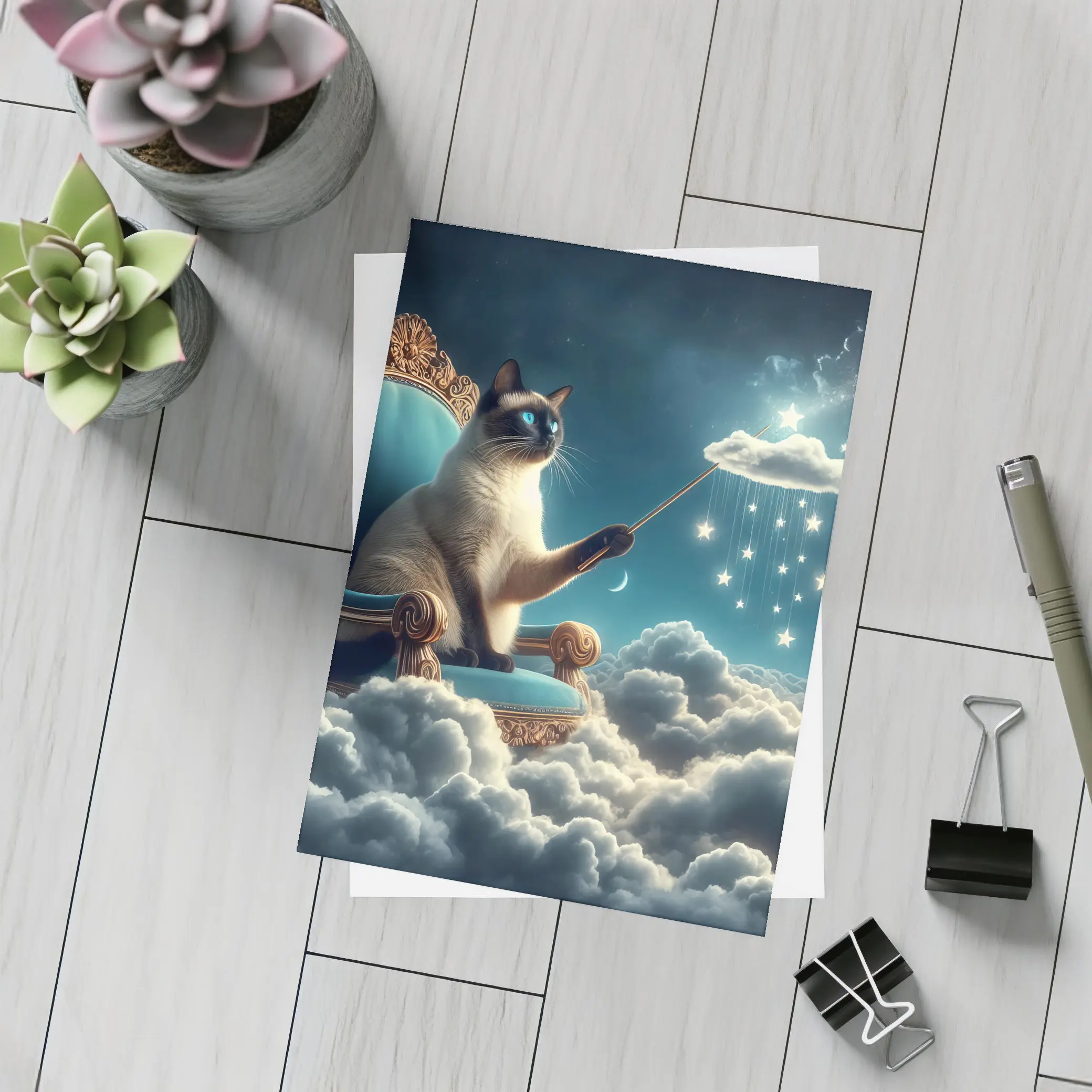 Siamese Cat Wizard Throne Cloudy Night Sky – Postcards