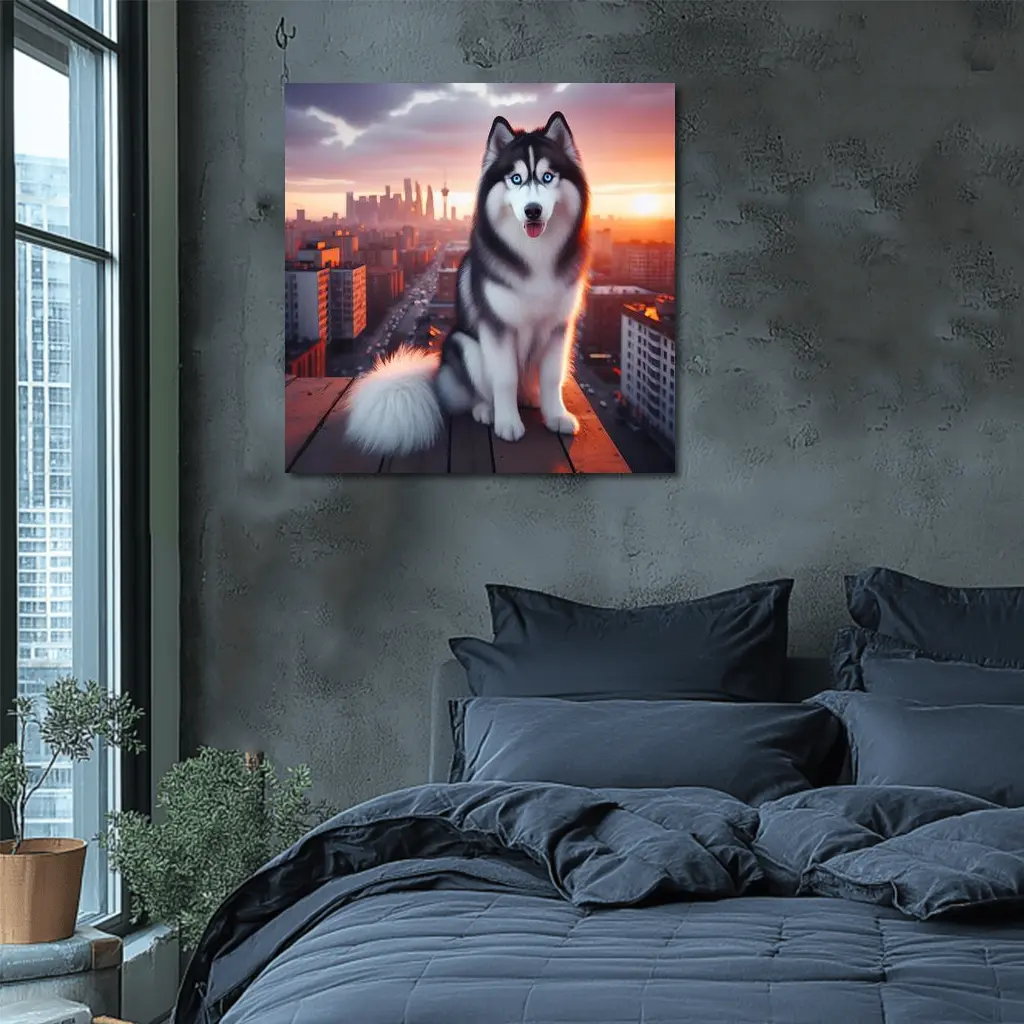 Siberian Husky Blue Eyes City Sunset – Wall Art