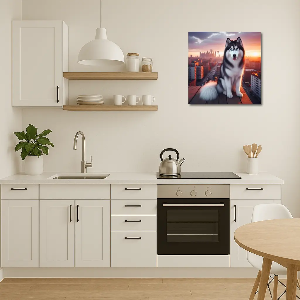 Siberian Husky Blue Eyes City Sunset – Wall Art