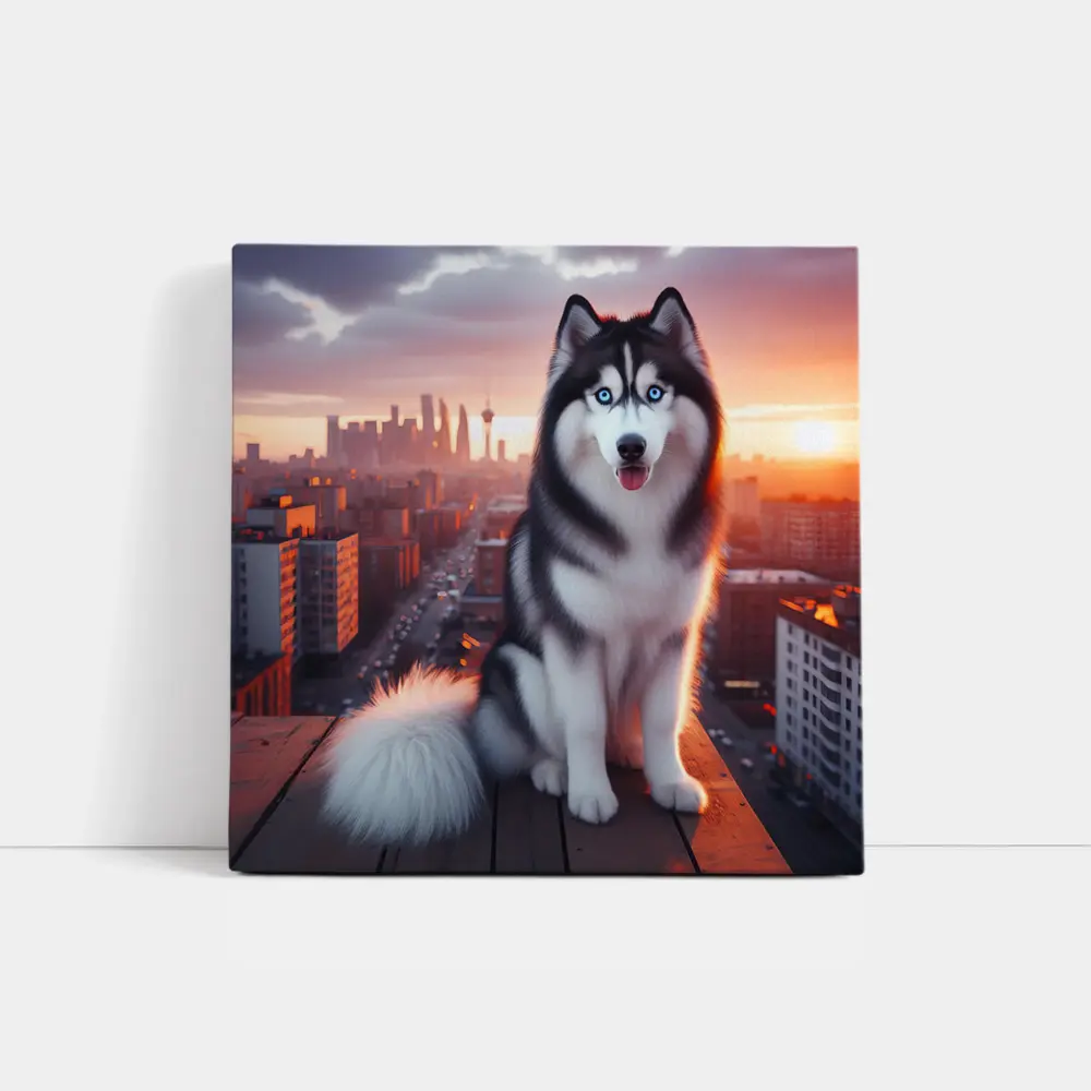 Siberian Husky Blue Eyes City Sunset – Wall Art