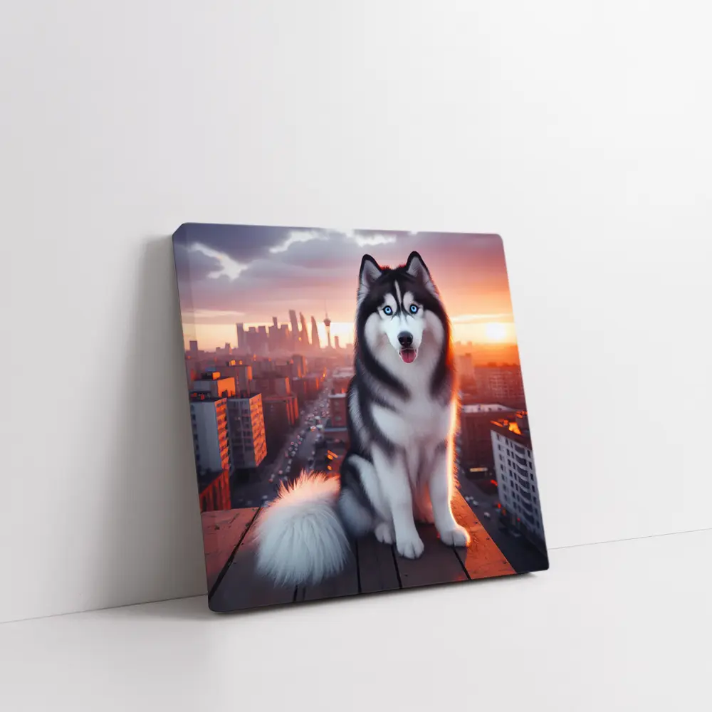 Siberian Husky Blue Eyes City Sunset – Wall Art
