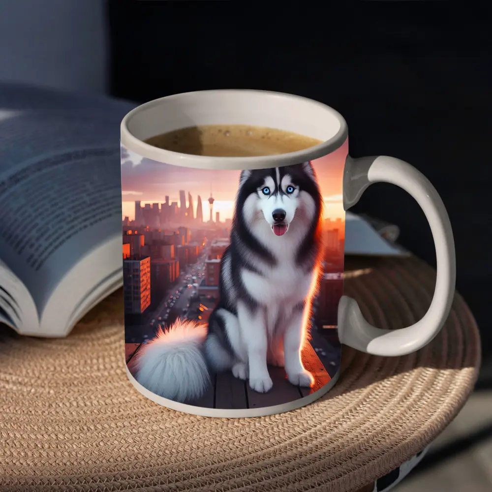 Siberian Husky Blue Eyes City Sunset – Mugs