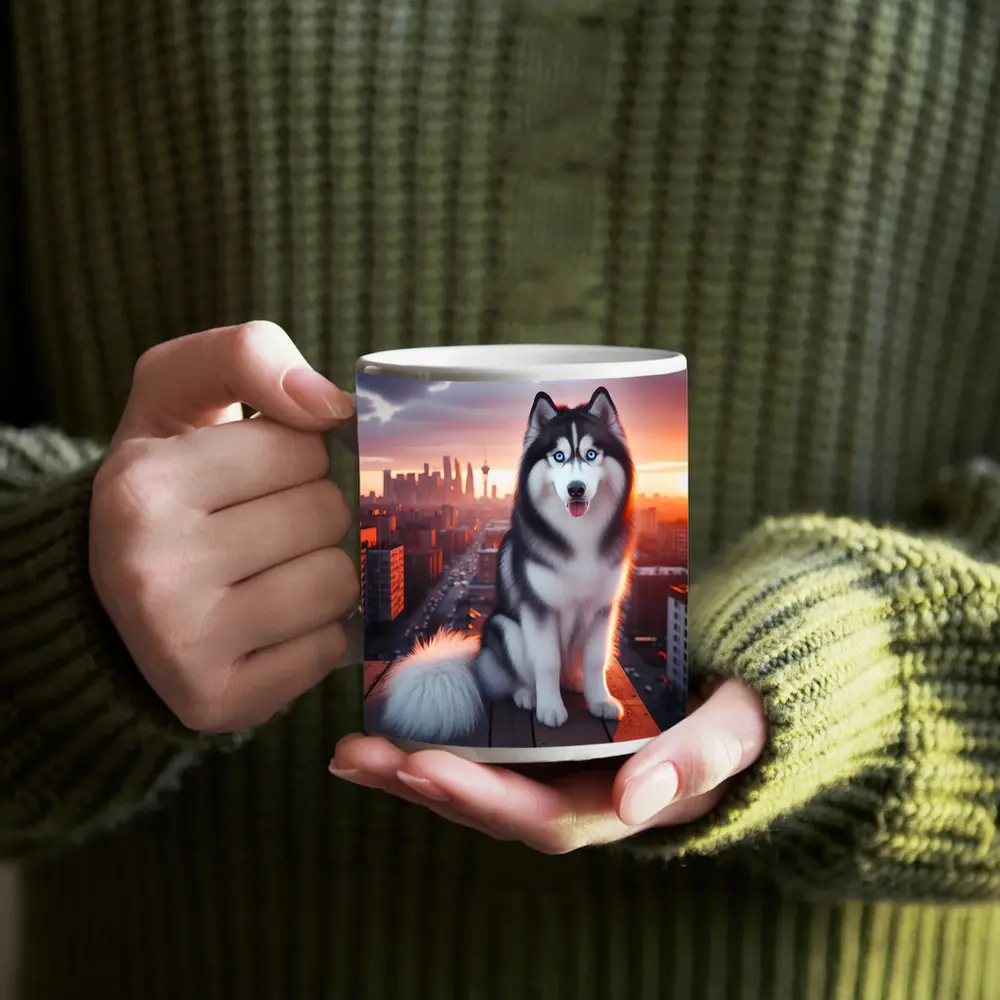Siberian Husky Blue Eyes City Sunset – Mugs