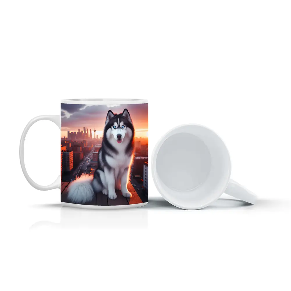 Siberian Husky Blue Eyes City Sunset – Mugs