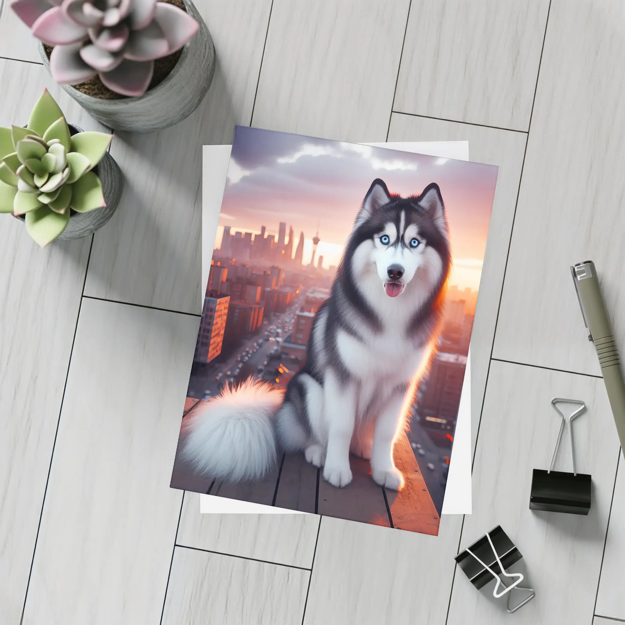 Siberian Husky Blue Eyes City Sunset – Postcards
