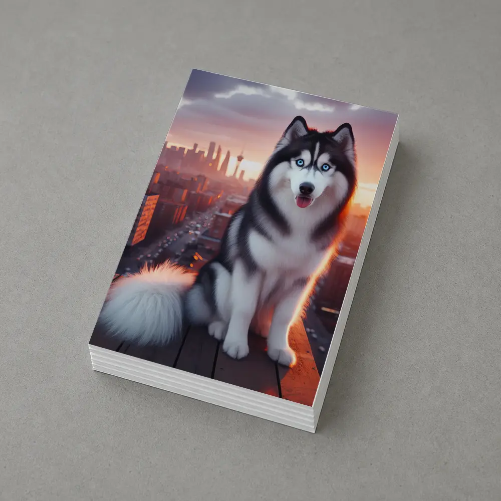 Siberian Husky Blue Eyes City Sunset – Postcards