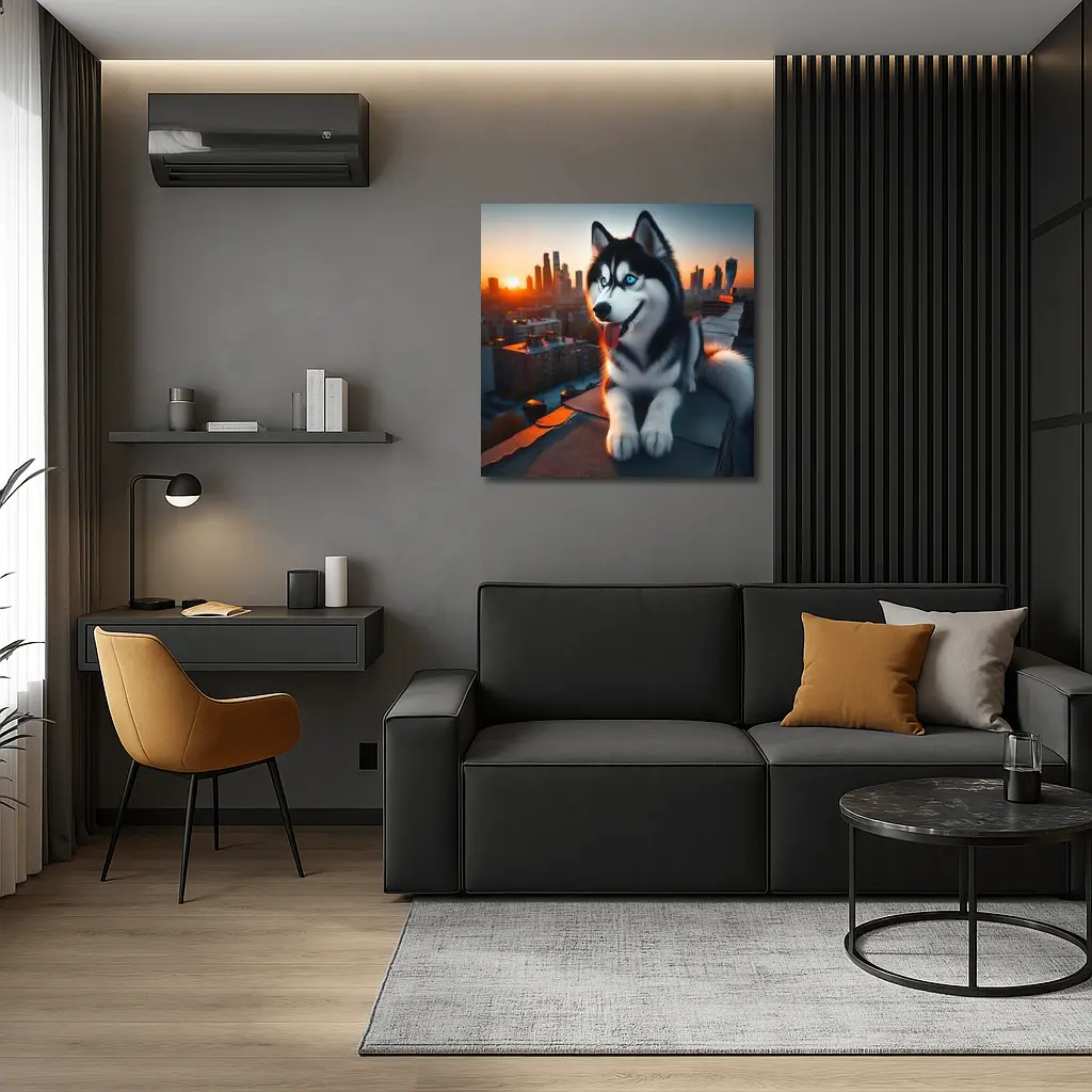 Siberian Husky Blue Eyes City Sunset – Wall Art