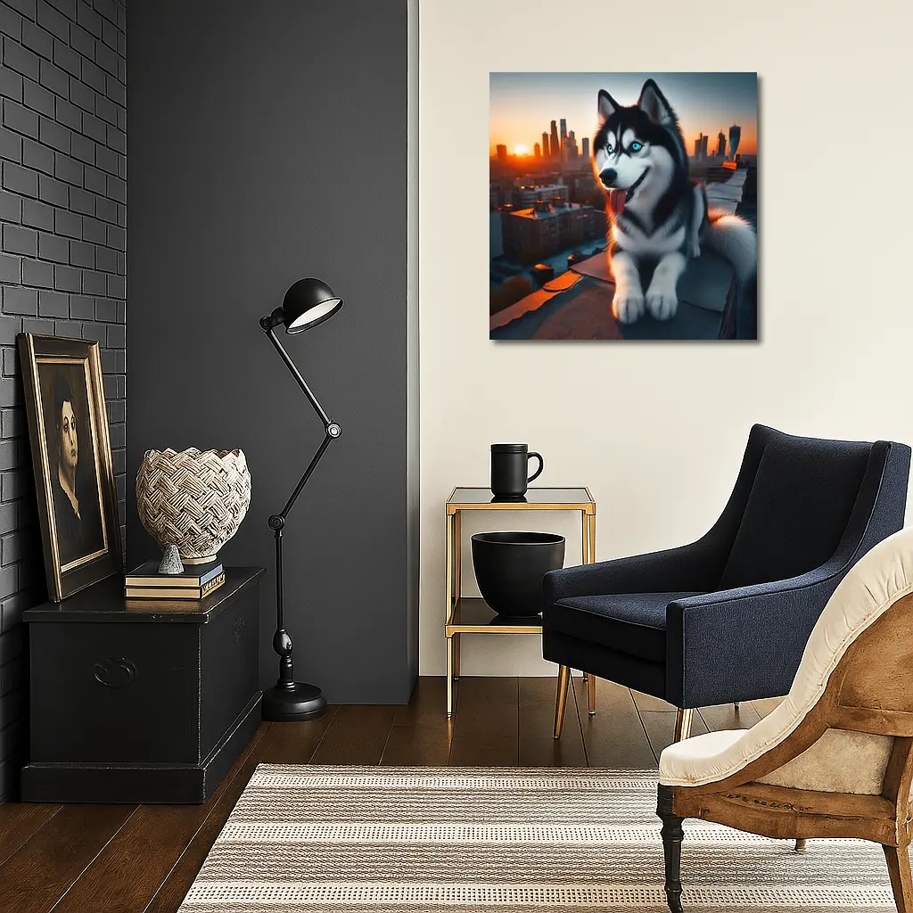 Siberian Husky Blue Eyes City Sunset – Wall Art