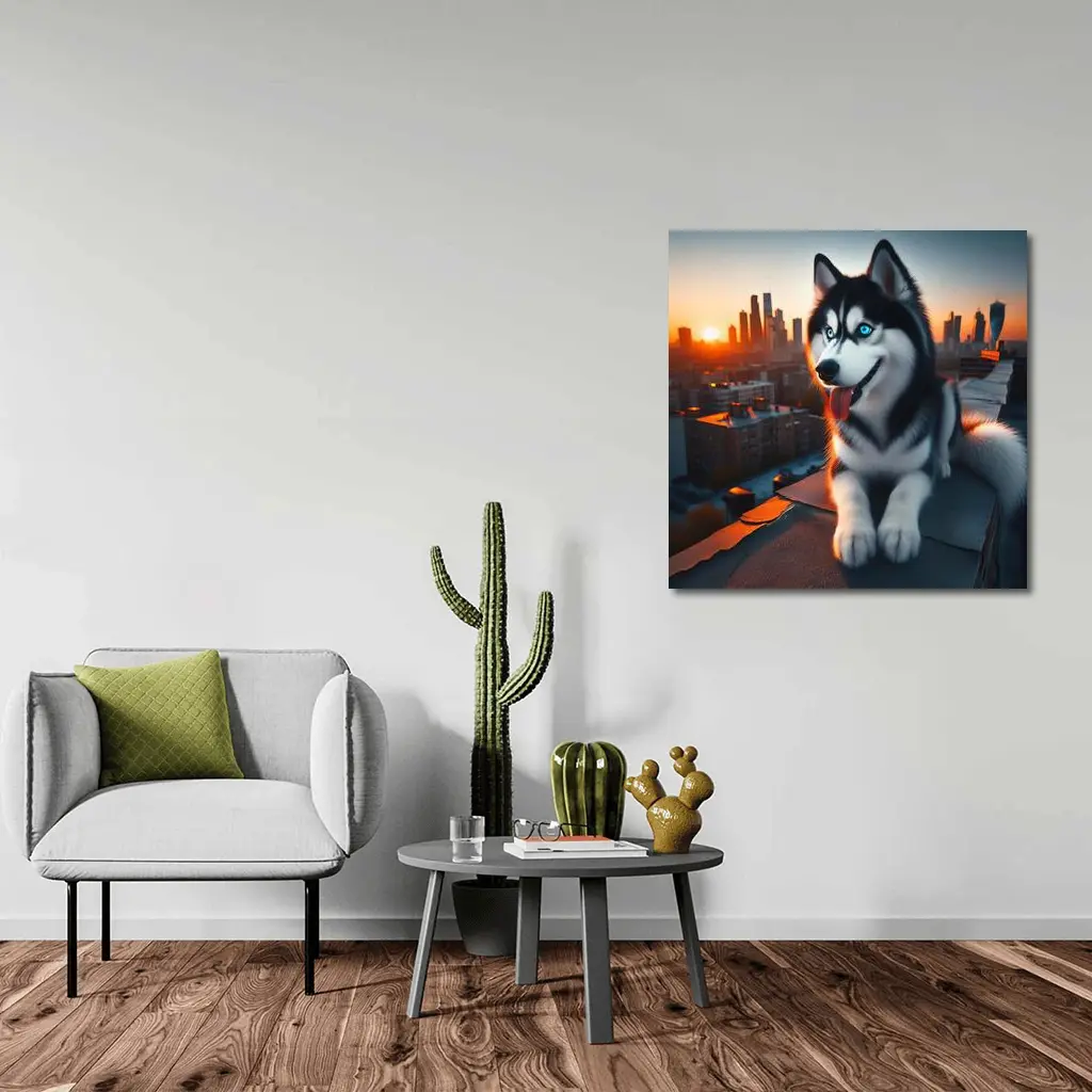 Siberian Husky Blue Eyes City Sunset – Wall Art