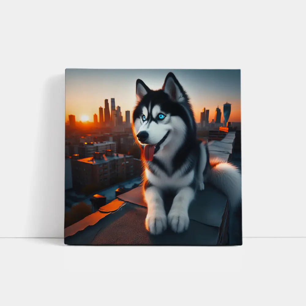 Siberian Husky Blue Eyes City Sunset – Wall Art