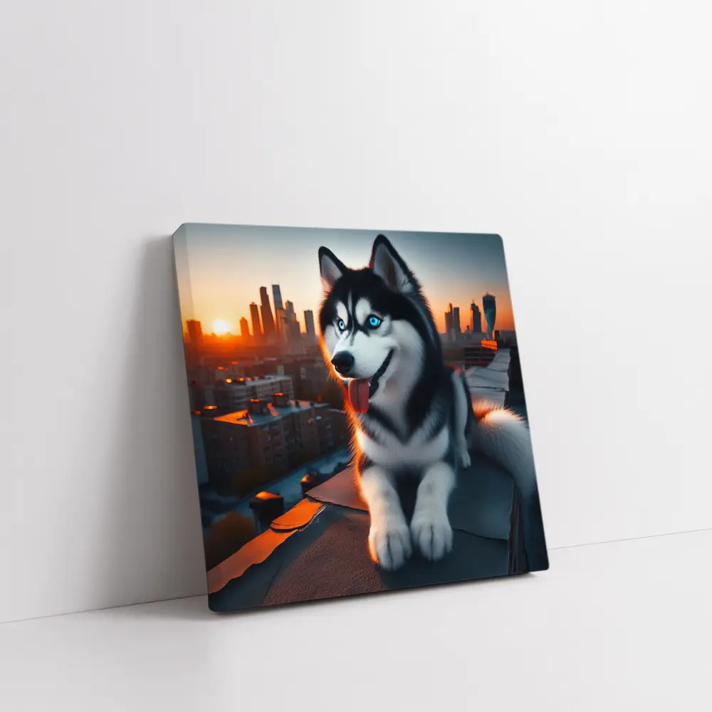 Siberian Husky Blue Eyes City Sunset – Wall Art