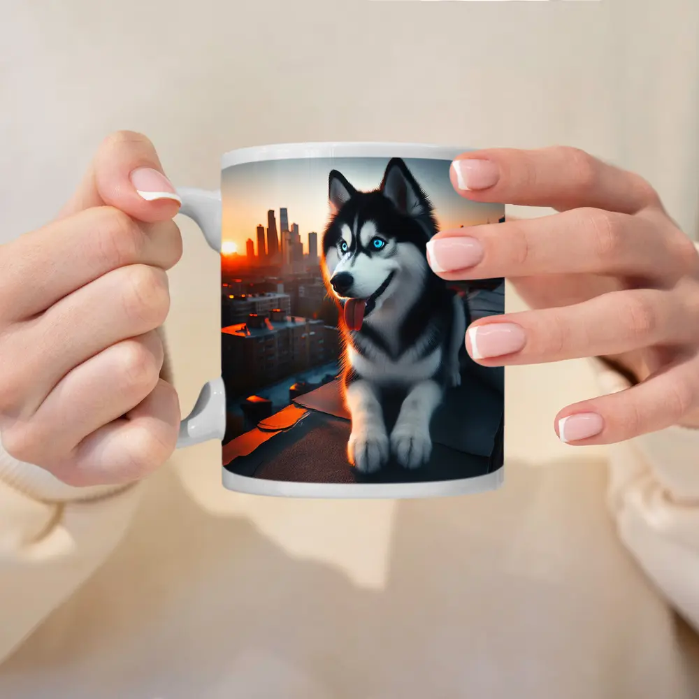 Siberian Husky Blue Eyes City Sunset – Mugs